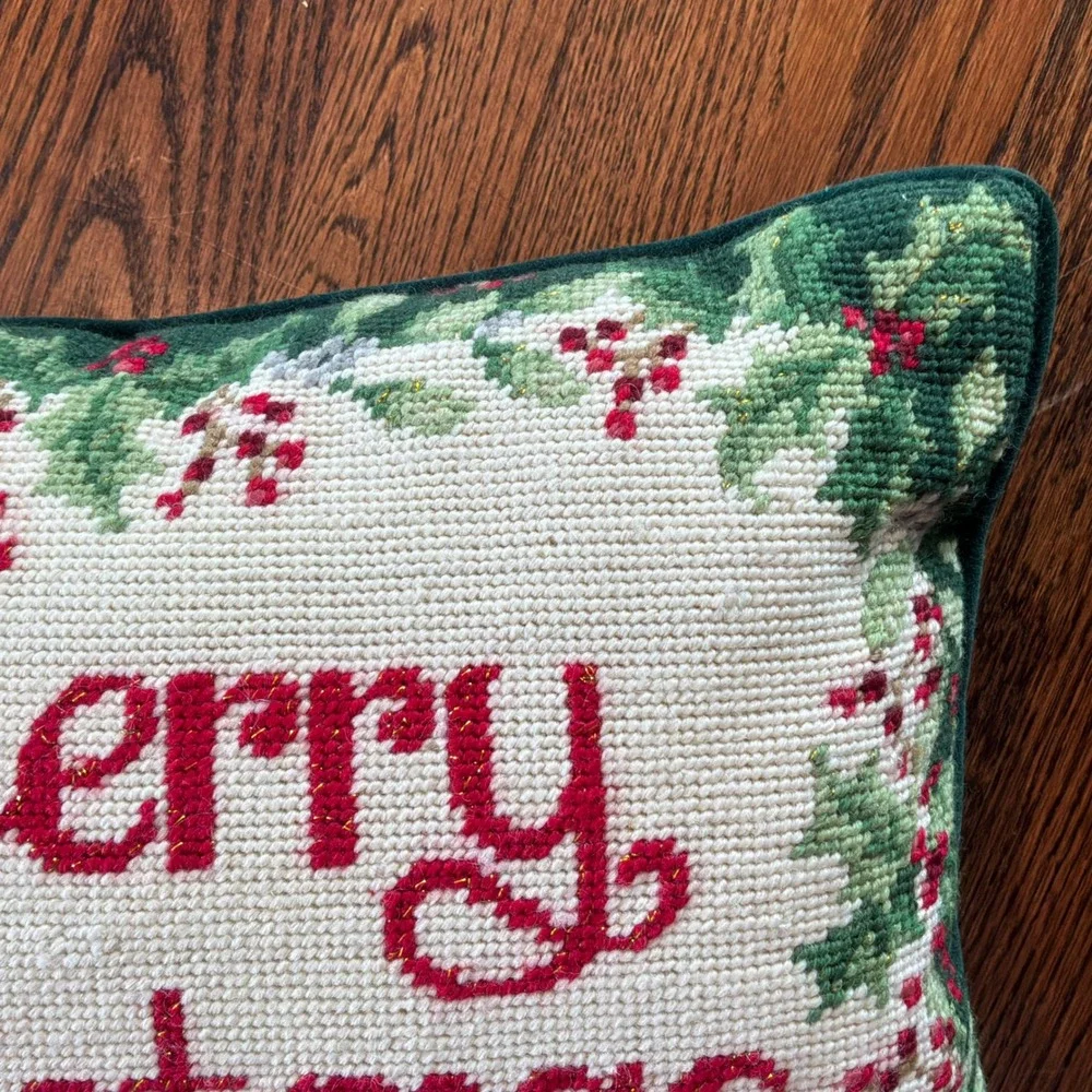 Merry Christmas Needlepoint Pillow Holly Berry Gold Metallic Velvet Back 15x11